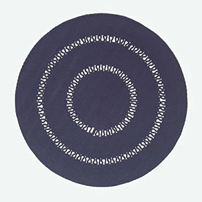 Image of HOMESCAPES Navy Blue Crochet Rug Handwoven Cotton Braided Mat Reversible 150 cm Round for Living Room &amp; Bedroom