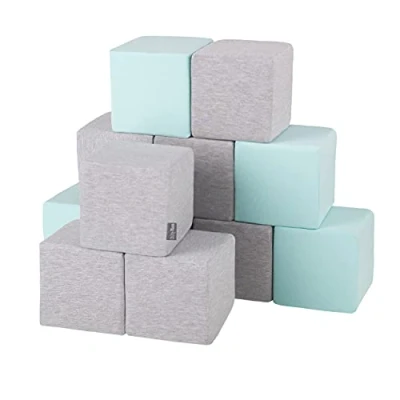 Image of KiddyMoon Soft Foam Cubes Building Blocks 14Cm For Children Multifunctional Construction Montessori Toy Babies, Made In The EU, 12 Pieces, Cubes:Light Grey Mint