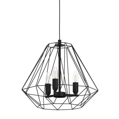 Image of Eglo Chandelier Tarle, 3 lamp pendant lighting, diamond shaped ceiling light fitting, vintage hanging for dining and living room, black metal, E14 socket
