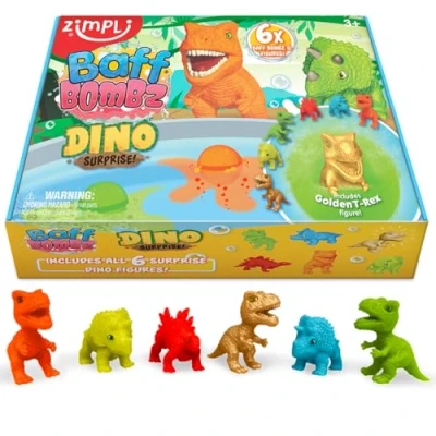 Image of Zimpli Kids 6 x Large 100g Dino Surprise Bath Bombs, Dinosaur Toys Inside! Christmas &amp; Birthday Gifts for Children, Boys Girls, Bubble Bomb Gift Set