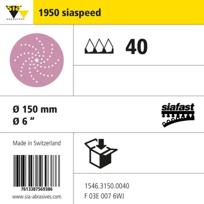 Image of sia Abrasives 1546.3150.0040 siafast S Performance Series 150 Paper Disc, 57 Hole, 150mm Diameter, 40 Grit, Pack of 50