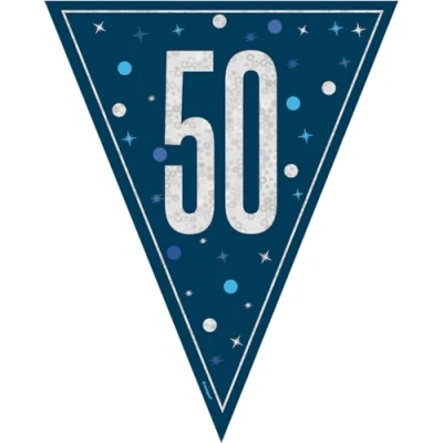 Image of Unique 81998 Happy 50th Bunting 2.74 m Glitz Blue Birthday Party 1 Count (Pack of 1), Multicolour