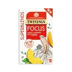 Image of Twinings Superblends Focus Tea Mango &amp; Pineapple Herbal Infusion with Ginseng Vitamin B6 Caffeine Free Energy Boost, 80 x Biodegradable Bags