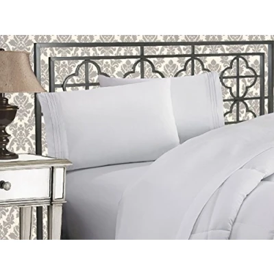 Image of Elegant Comfort Luxurious 1500 Thread Count Egyptian Quality Three Line Embroidered Softest Premium Hotel 4 Piece Bed Sheet Set, Wrinkle and Fade Resistant, California King, White