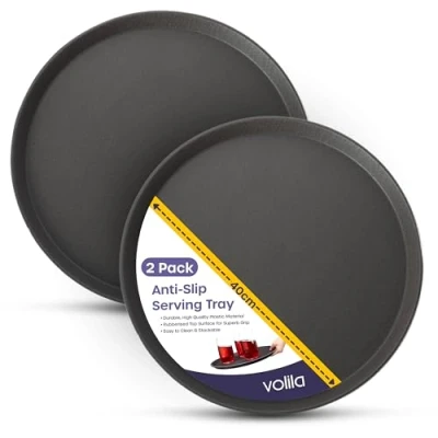 Image of volila Black Round Tray 40 cm (2 Pack) Rubberized Non Slip for Serving Food and Drinks Dishwasher Safe Parties, Gatherings, Bars, Restaurants Home