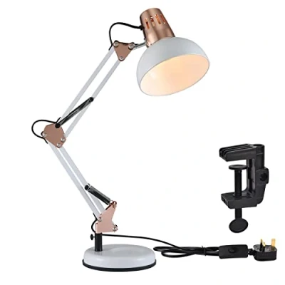 Image of TEKLED® LED Desk Lamp Adjustable Swing Arm Replaceable E27 Edison Screw Bulb Holder Flexible Table Clamp for Bedside Reading Office Work Students (Swing Gold White)