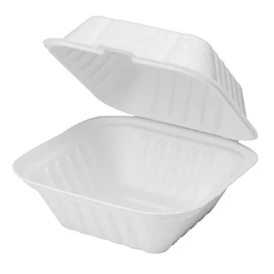 Image of AwesomeProducts Compostable Clamshell Hinged Food Container Bagasse/Sugarcane 200 Pack (6x6 Inch)