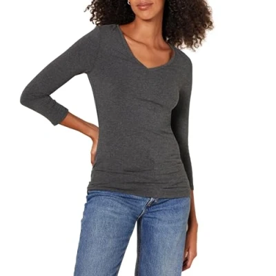 Image of Amazon Essentials Women&#039;s Classic Fit 3/4 Sleeve V Neck T Shirt (Available in Plus Size), Charcoal Heather, L