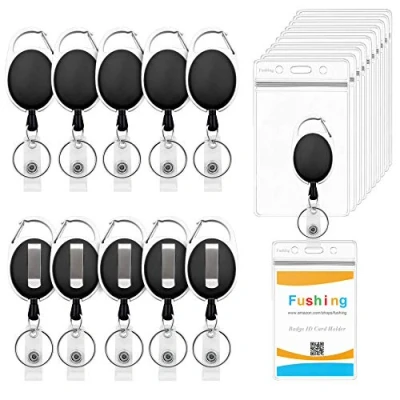 Image of Fushing 10 Pack Retractable Badge Holders, Clear Waterproof Plastic Holders ID Card Name Tag with Reel Carabiner Belt Clip and Metal Split Ring (Vertical)