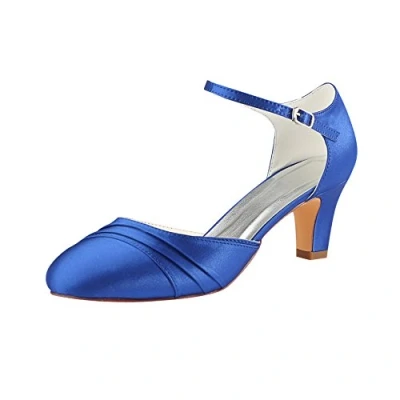 Image of Emily Bridal Wedding Shoes Ivory 2018 High Heel Round Pleated Ankle Strap Vintage (EU35/UK3, Royal Blue)