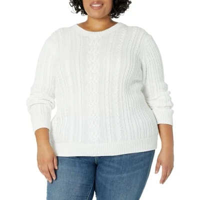 Image of Amazon Essentials Women&#039;s Fisherman Cable Long Sleeved Crewneck Sweater (Available in Plus Size), White, 4XL
