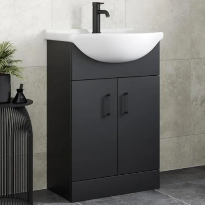 Image of Affine® 560mm Vanity Unit Basin Sink Bathroom Storage Cabinet Cupboard Freestanding, Single Tap Hole Ceramic Wash Basins, Soft Close Doors, Matt Black