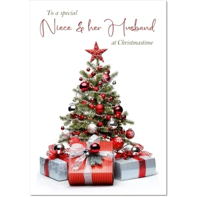Image of doodlecards Niece &amp; Husband Christmas Card Parcels and Tree Medium Size with Plain Envelope