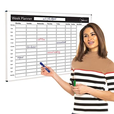 Image of Timeminder® Magnetic Drywipe Whiteboard Planner Wall Mounted 90 x 60 cm with Aluminum Frame (Week Planner) Ideal for organising Office, Home, School