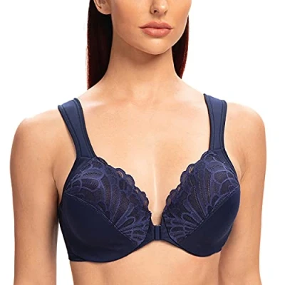 Image of MELENECA Front Fastening Bras for Women Plus Size Underwire Unlined Lace Cup Cushion Strap Blue 44E