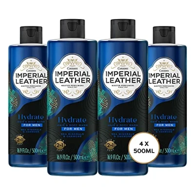 Image of Imperial Leather Hydrate Men Shower Gel 2in1 Hair and Body Wash, Sea Minerals Oakmoss, Vegan Cruelty Free Gel, Bulk Buy, Pack of 4 x 500 ml