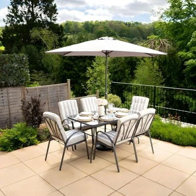 Image of Hectare 6 Seater Garden Furniture Table &amp; Chairs Set with Parasol Hadleigh Outdoor Patio Dining (6 Seater, Stripe Grey)