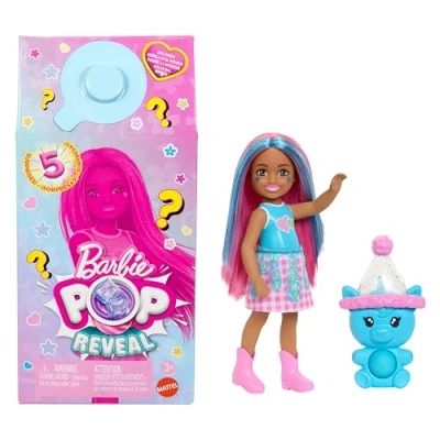 Image of Barbie Chelsea Pop Reveal Doll Set, Shakes Series with 5 Surprises Including Scented Small Doll, It Pet &amp; Color Change (Styles May Vary), JCN89