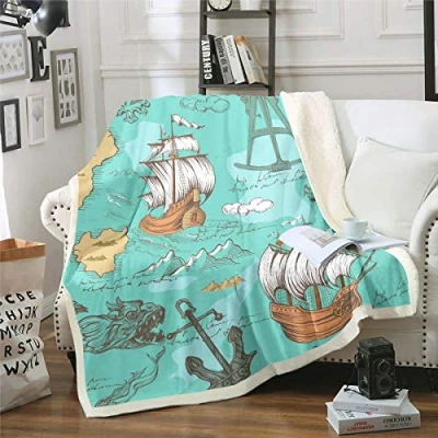 Image of Nautical Theme Blankets and Throws for Kids Boys Girls Sailboat Anchor Print Fleece Wave Ocean Blanket Sea Adventure Throw Blanketfor Couch Bed Sofa Sherpa Baby 30&quot;x40&quot;
