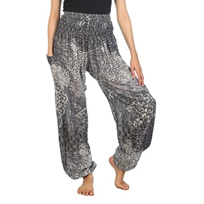 Image of Lofbaz Harem Pants for Women Yoga Boho Hippie Clothing Palazzo Bohemian Beach Trousers Maternity Pajama Indian Gypsy Travel Clothes Peacock 3 Black B M