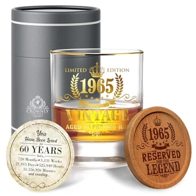 Image of CROWNLY CRYSTAL® 1965 60th Birthday Gifts for Men Whiskey Glass Personalised Decorations Dad Husband Gift Sets Presents Ideas
