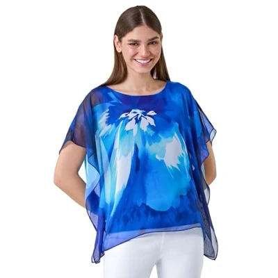 Image of Roman Womens Floral Print Chiffon Overlay Top Blue Size 10 UK