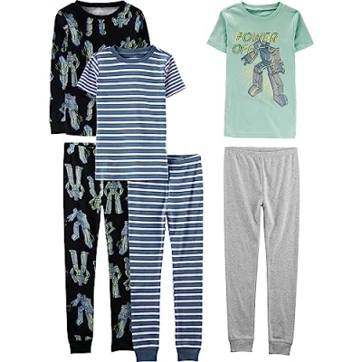 Image of Simple Joys by Carter&#039;s Boys&#039; 6 Piece Snug Fit Cotton Pyjama Set, Pack of 6, Multicolour/Stripes/Transformers, 7 Years