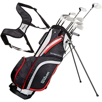 Image of Wilson Amazon Exclusive Men&#039;s Stretch Beginner Complete Set, 10 Extended Length (+1 in) Golf Clubs with Stand Bag, Black/Grey/Red,