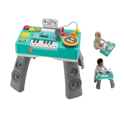 Image of Fisher Price Baby &amp; Toddler Activity Table, Laugh Learn Mix DJ Musical Learning Toy with Lights Sounds, UK English Version, HTK83