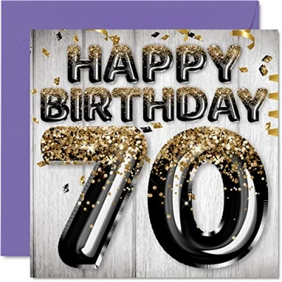 Image of 70th Birthday Card for Men Black &amp; Gold Glitter Balloons Happy Cards 70 Year Old Man Dad Great Grandad Grandpa Gran, 145mm x Seventy Seventieth Bday Greeting Gift
