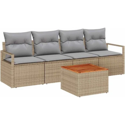 Image of vidaXL 5 Piece Garden Sofa Set with Cushions Beige Poly Rattan Acacia