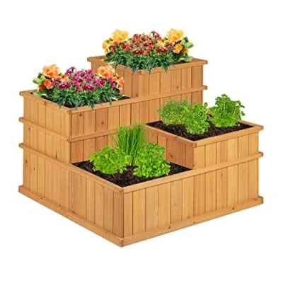 Image of Relaxdays Raised Flowerbed, Tiered, 4 Planter Boxes, Herbs, Garden, Balcony, Terrace, Wooden, HWD: 61x81x81 cm, Natural, 100% wood