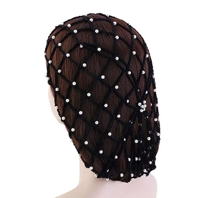 Image of CHUYIX Snoods for Women Hair Net Pearl Crochet 1 Piece Sleeping Nets Bun Hairstyle Aid Fabric Knot Girls