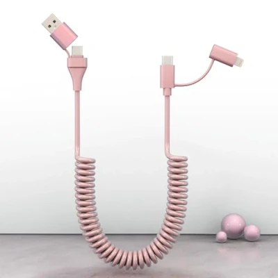 Image of Coiled USB C to Lightning Cable 4 in 1, PD 60W Fast Charging &amp; Data Sync,6FT Multi for Apple CarPlay Android Auto,USB/USB C/Lightning Combo iPhone/Pad/Android,Pink