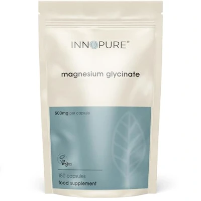 Image of INNOPURE Magnesium Glycinate 180 Capsules Bioavailable Supplements for Sleep Support 500mg Per Capsule Providing 100mg of Pure Elemental Bisglycinate Powder Made in The UK