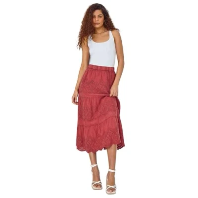 Image of Roman Originals Broderie Tiered Stretch Midi Skirt for Women UK Ladies Everyday Holiday Spring Summer Comfy Soft Evening Vacation Work Party Rust Size 16