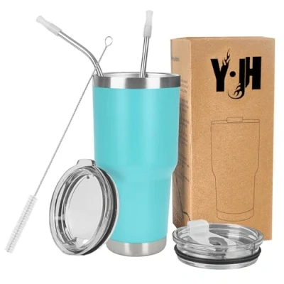 Image of Y·J&amp;H 30oz (850ml) Travel Tumbler Double Wall Vacuum Insulated Coffee Mug Stainless Steel Cup with 2 Splash Proof Lid, Straws &amp; Free Cleaning Brush, BPA Turquoise