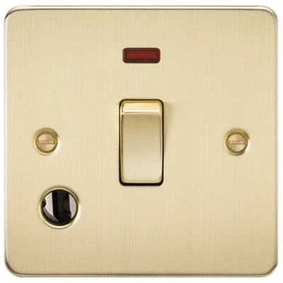 Image of KnightsBridge Flat Plate 20A 1G DP switch with neon and flex outlet brushed brass
