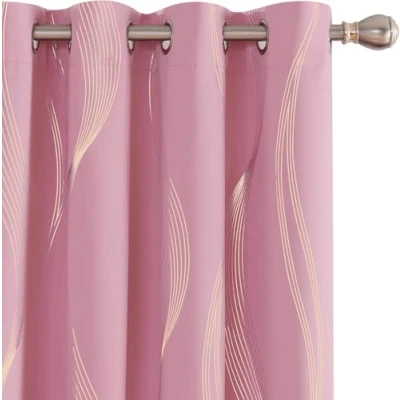 Image of Deconovo Blackout Eyelet Curtains Thermal Insulated Gold Wave Line Foil Printed for Bedroom 66x54 Inch Pink 2 Panels