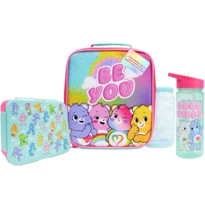 Image of Get Trend Care Bears Water Bottle Lunch Bag &amp; Box for Kids 3 Pcs Set School Supplies Snack BPA Free Leakproof Travel Picnic Holiday (Multi Bears)