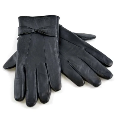 Image of Sock Snob Ladies Womens Black Thin Fleece Lined Winter Warm Sheepskin Leather Gloves with Bow (M/L, GL147BK)