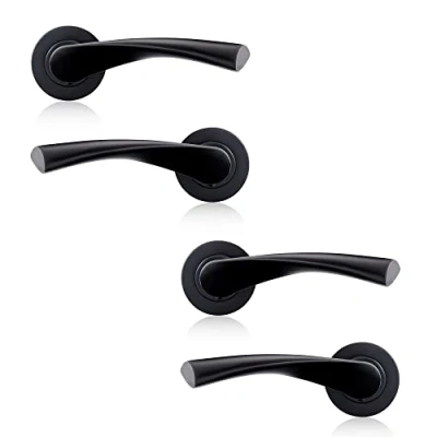 Image of XFORT Matt Black Warped Lever On Rose Door Handles, Twisted Latch Handle, Ideal for Internal Wooden Doors Home and Office (2 Pairs)