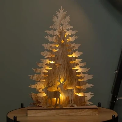 Image of 44cm Battery Operated Light up Wooden Christmas Tree with Deer and 16 Warm White LEDs
