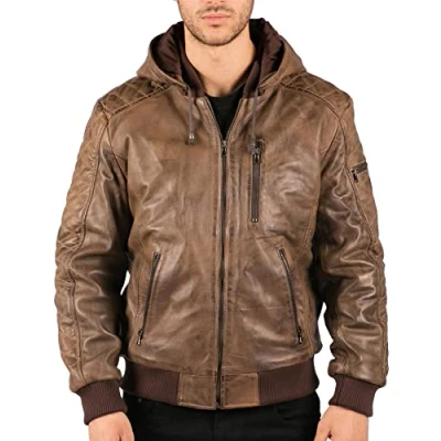 Image of TruClothing Men&#039;s Bomber Jacket Outwear Windproof Winter Distressed Real Leather Jackets Coat Hood Brown M