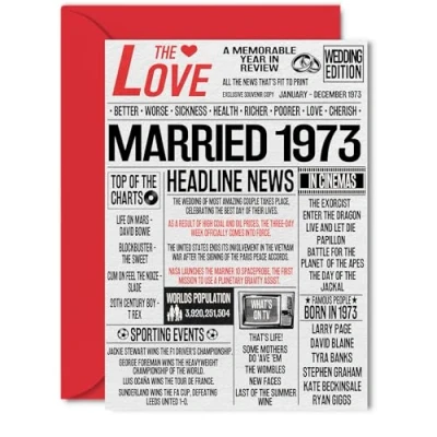 Image of 51st Anniversary Cards for Men Women Married 1973 Newspaper Happy 51 Wedding Card Husband Wife Dad Mum Nan Grandad Vintage Retro 1973, 5x7 Inch Greeting