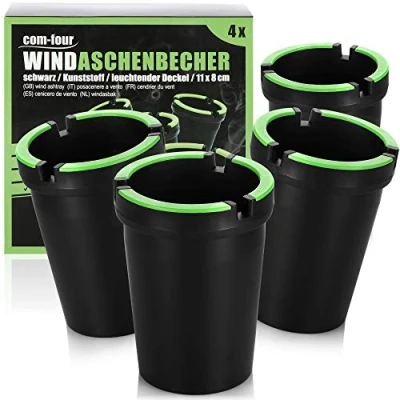 Image of com four® 4x ashtrays for outdoors wind storm mesh cups with luminous lid car ashtrays, Ø 8 cm (04 pieces black)