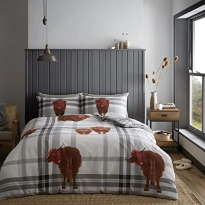 Image of GC GAVENO CAVAILIA Hypoallergenic Animal Print King Size Duvet Cover Set, Easy Care Reversible Checked Bedding, Highland Cow Quilt Covers, Grey