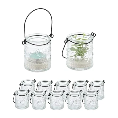 Image of Relaxdays Candle Lanterns, Set of 12, Tealight Holders with Handle, Indoor &amp; Outdoor, 7x6 cm, Wedding Decor, Clear/Black, Glass Iron, 7 x 6 cm