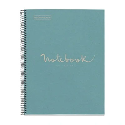 Image of Miquelrius recycled notebook A4, 80 sheets of g/m², 5 x mm grid, paper (post consumer recovery), 1 colour strip, 4 drills, cover, eco green