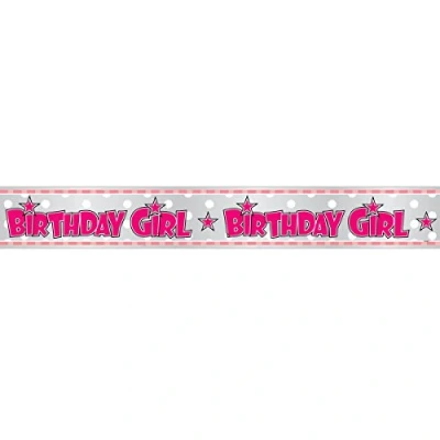 Image of Unique Party 92187LF 12ft Foil Pink Striped Birthday Girl Banner